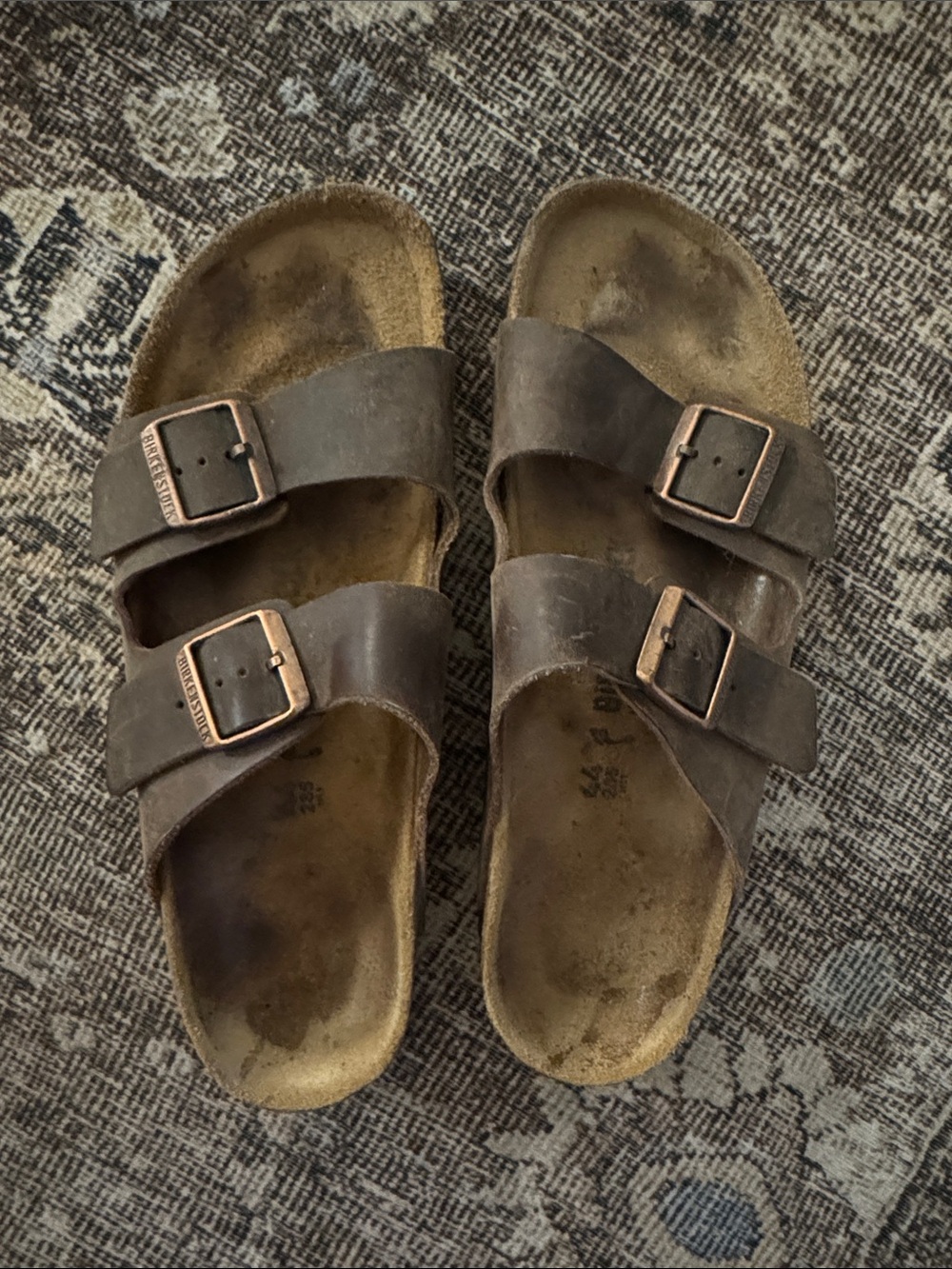 Birkenstock Arizona Double Strap Sandals in Dark Brown with Copper Buckles